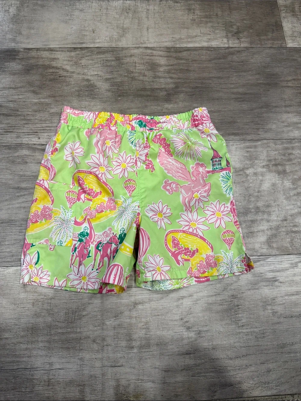 VINTAGE Lilly Pulitzer Lime Green Floral & Pink Graphic Swim Trunks